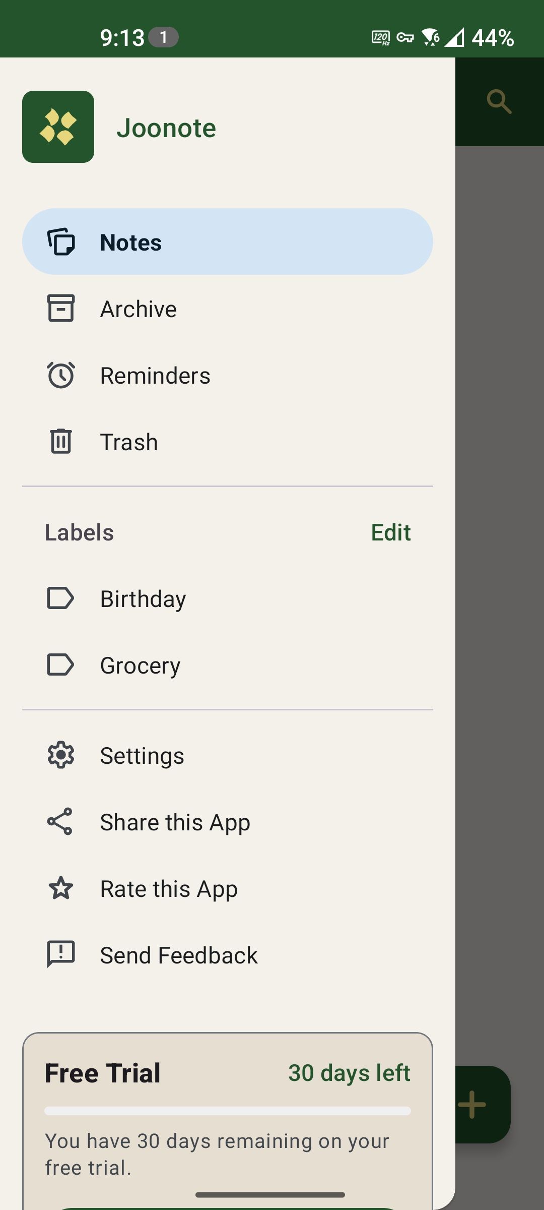 A navigation drawer showing drawer items as different screens in Joonote