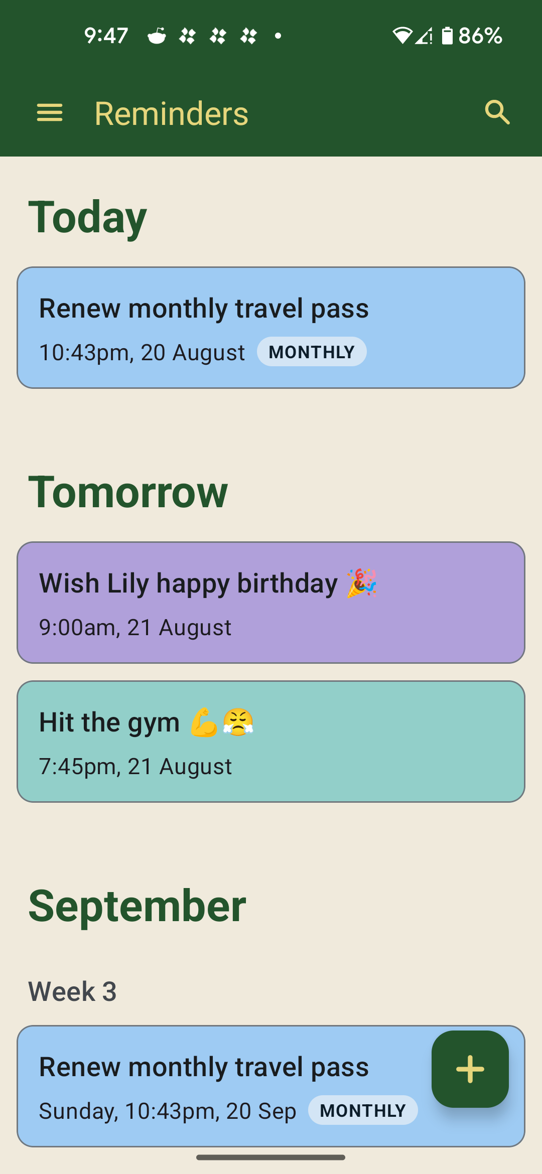 Zoonote reminders screen preview