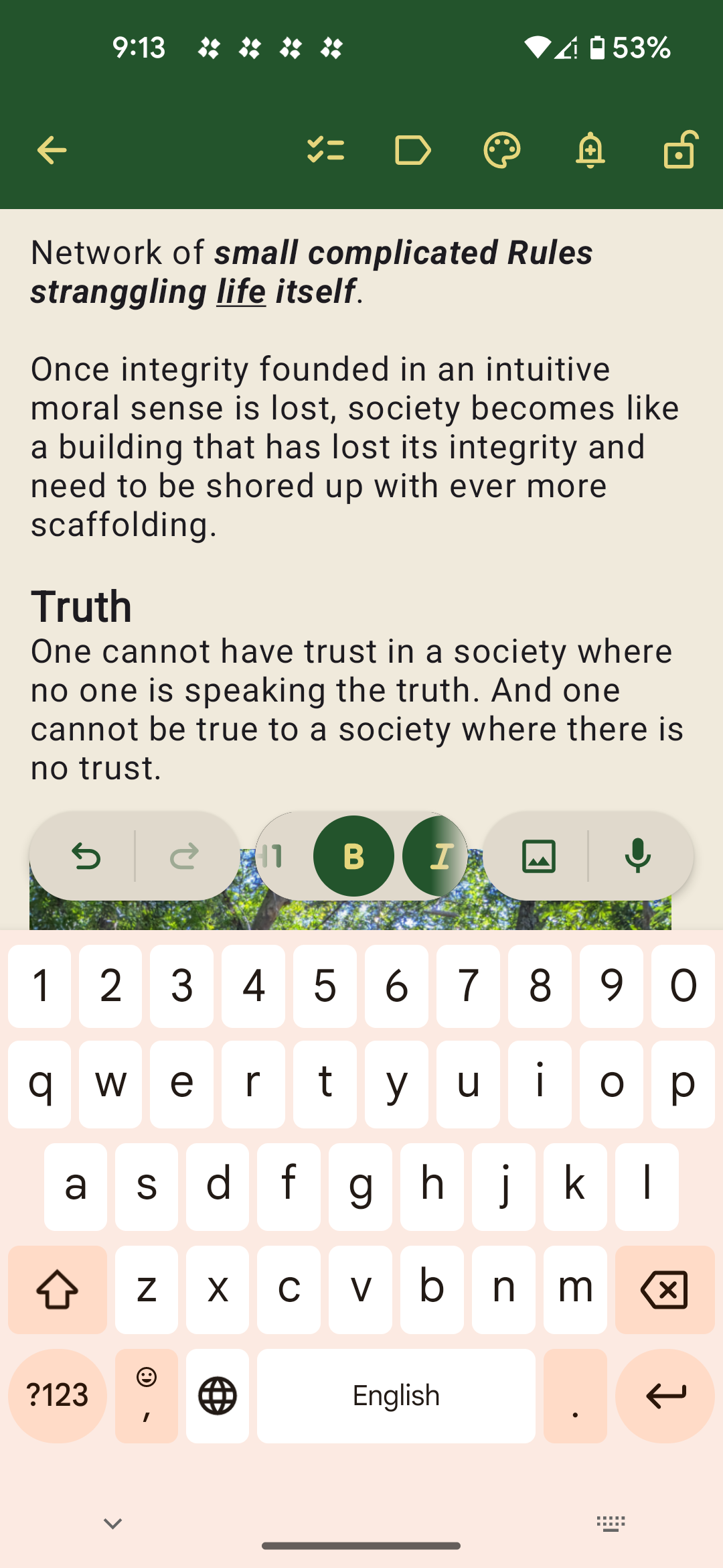 Screenshot of a note displaying a reflection on truth, trust, and social integrity, with the heading “Network of small complicated Rules strangling life itself,” followed by paragraphs about moral integrity and a section titled “Truth.” A mobile keyboard is visible at the bottom of the screen.